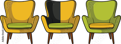 Modern armchair collection illustration, colorful mid century lounge seat design, flat vector furniture isolated