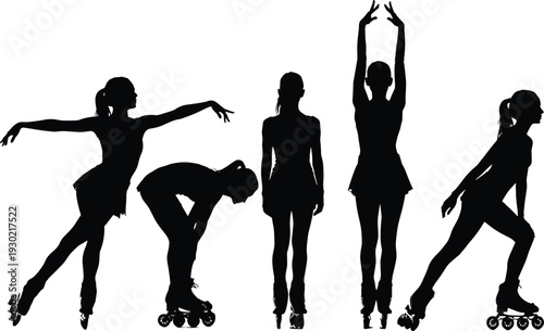 Roller skater silhouette set illustration, female figure skating action poses collection, black vector isolated background
