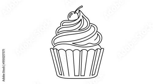 Minimalist Outline of a Delicious Cupcake with Cherry Topping