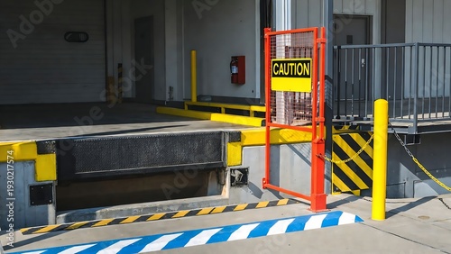 Loading dock gate with caution sign and safety chains in sunlight
