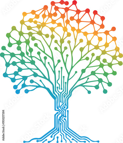 Abstract digital tree logo concept representing technology growth and connectivity with circuit board patterns and colorful network nodes design