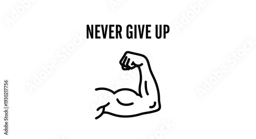 Never Give Up Motivational Quote with Flexed Bicep Icon