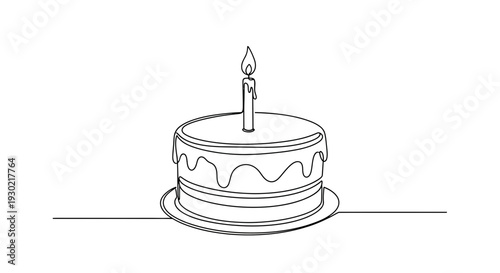 Minimalist single line drawing of a birthday cake with a lit candle on a plate