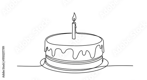 Minimalist single line drawing of a birthday cake with a lit candle, isolated on white background.