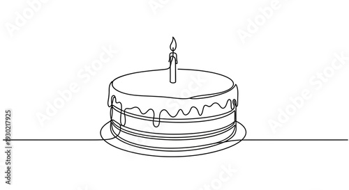 Minimalist single line drawing of a birthday cake with one lit candle, simple celebration concept