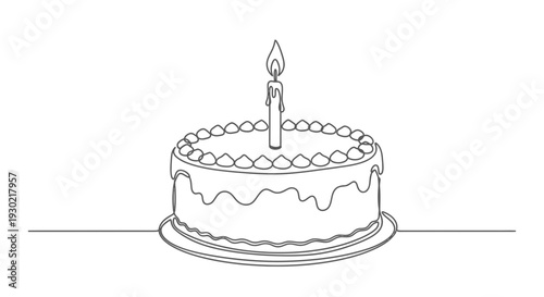 Minimalist Line Art Birthday Cake with Single Candle, Celebration Concept