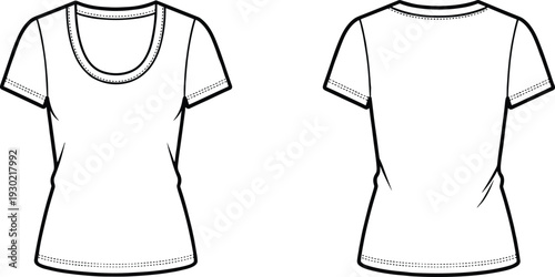Women's short sleeve t shirt CAD drawing, flat vector illustration with front and back views, fashion technical template design