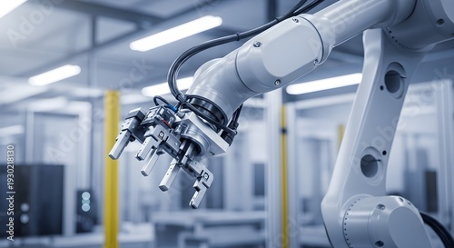 Modern Industrial Robotic Arm Operating in Smart Factory – Industry 4.0 Automation and Artificial Intelligence Manufacturing Concept in 4K