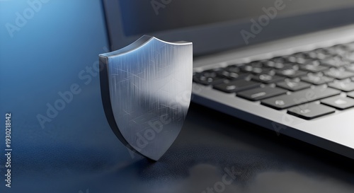 Metallic Security Shield Beside Laptop Keyboard – Cyber Fraud Protection and Digital Financial Security Concept in 4K