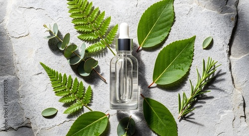 Blank Glass Dropper Bottle with Fresh Green Leaves on Natural Stone Surface – Organic Skincare and Clean Beauty Concept in 4K