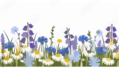 Flat Meadow Floral Landscape with Wildflowers and Plant Silhouettes Vector Illustration