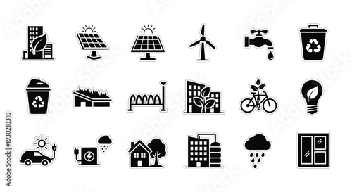 Collection of environmental icons representing sustainable living silhouette