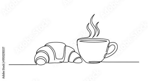 Minimalist Line Art: Croissant and Steaming Coffee Cup - Breakfast Icon