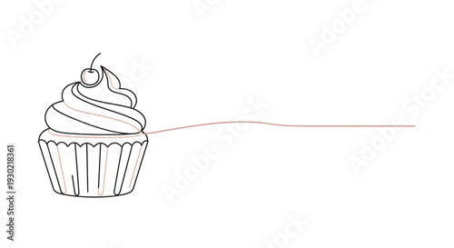 Minimalist line art cupcake with cherry and swirl frosting, isolated on white background.