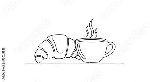 Minimalist Line Art: Croissant and Steaming Coffee Cup on White Background