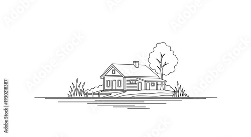 Minimalist Line Art Drawing of a Cozy Log Cabin by a Lake with a Tree