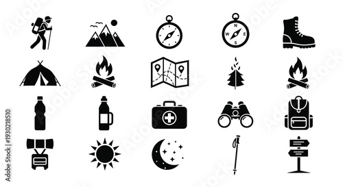 Camping and hiking icons arranged in a grid black silhouette