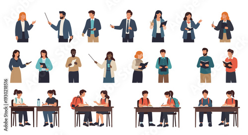 Education set with various teachers and students in different poses including professors giving lectures and students working at desks.