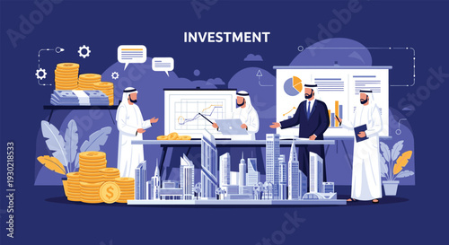 Investment concept showing Arab business partners discussing a city development project with financial charts gold coins and architectural models.