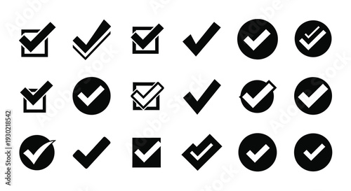 Collection of black checkmark icons in various square and circular forms silhouette