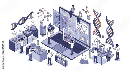 Biotechnology research lab with scientists working on DNA sequencing and genetic engineering using high tech equipment and computers.