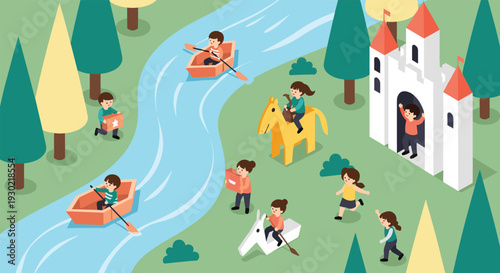 Children playing in a fairytale landscape with a castle river boats and wooden horses representing a summer camp or playground activity.
