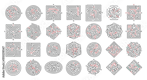Set of various maze puzzles with different shapes including circular square and hexagonal labyrinths with solved red paths shown.