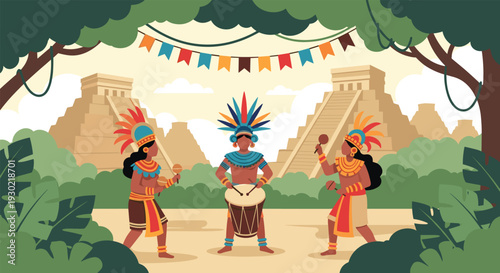 Ancient Mayan or Aztec ritual celebration with dancers and a drummer in traditional feathered costumes in front of stone pyramids.