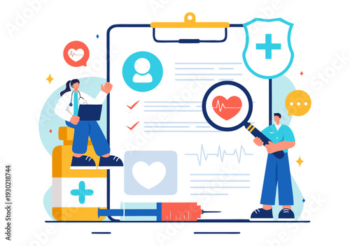 Illustration Of An Anamnesis System Providing Information About Diseases And Healthcare Databases In A Flat Style Cartoon Background Vector