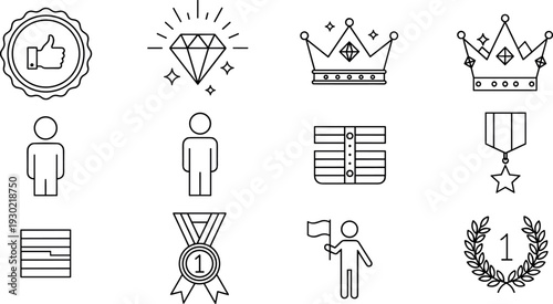 Premium Award and Achievement Line Icons Set with Crown Medal Diamond Badge and Winner Symbols