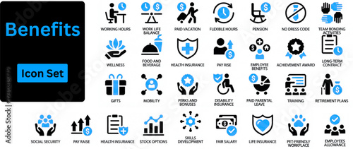 Benefits solid icon set contains Health Insurance, Remote Work, Work Life Balance, and Flexible Schedule. Solid icons set. 