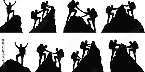 Silhouette collection of mountain climbers helping each other reach the summit symbolizing teamwork partnership success leadership and personal achievement in outdoor adventure