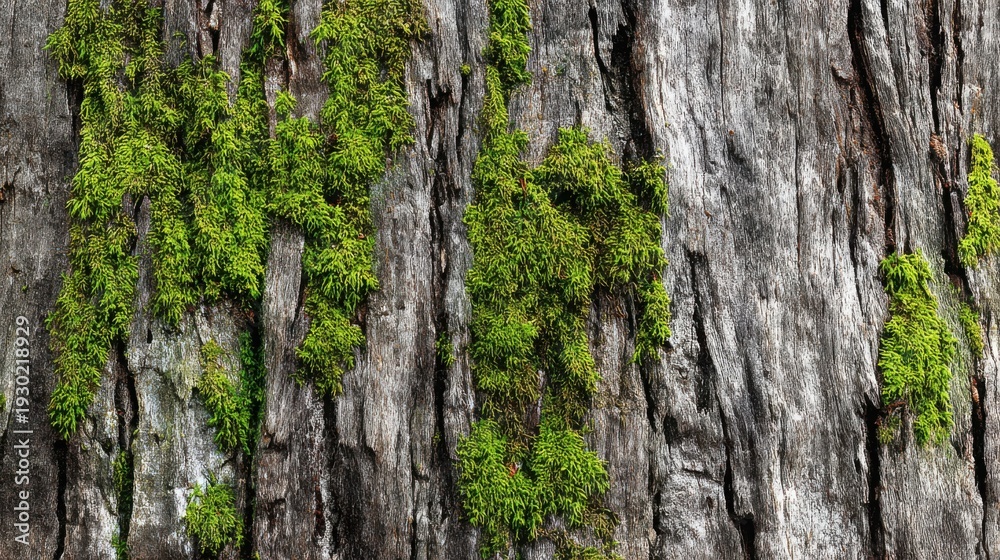 Obraz premium Detailed macro view of rough grey tree bark with vibrant green moss growth