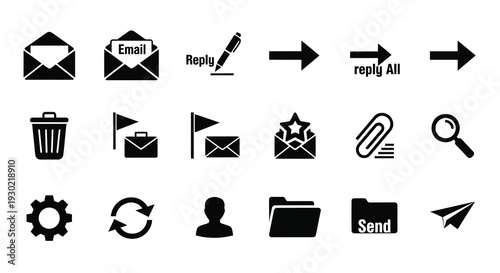 Black email icons and communication symbols in a flat silhouette