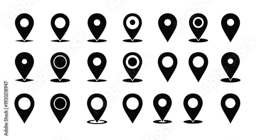 Collection of black map markers and location pins simple silhouette