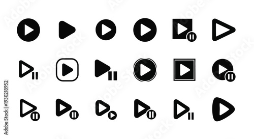Collection of black play button icons in various shapes silhouette