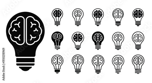 Multiple lightbulbs and a brain shaped bulb in black silhouette