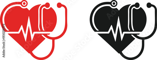 Cardiology healthcare symbol featuring red heart shape with stethoscope silhouette and electronic pulse line for medical diagnostic services