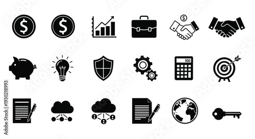Business and finance icons in black representing growth and success silhouette