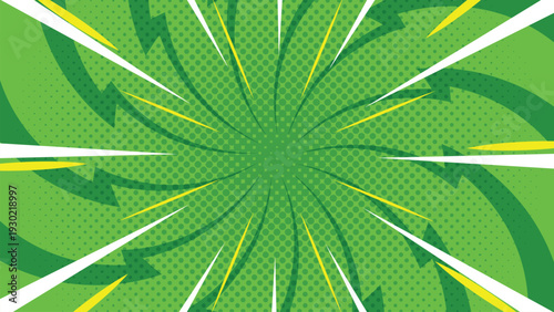 Green comic pop art background with dynamic radial burst, lightning bolt accents, and retro halftone style.