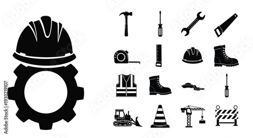 Construction tools and safety equipment depicted in black silhouette