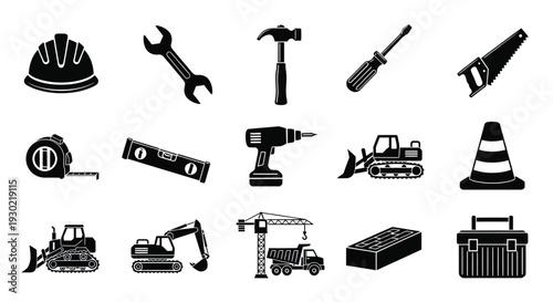 Construction tools and equipment depicted in a stark black silhouette