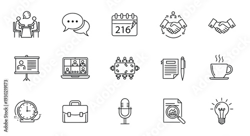 Business icons depict meetings communication and planning a silhouette