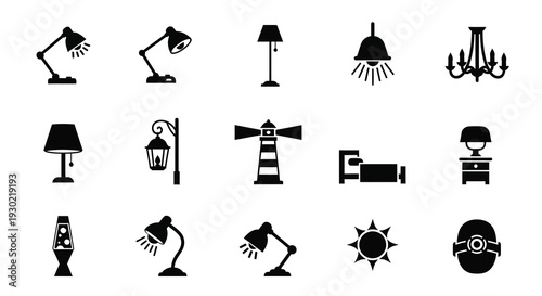 Collection of various black lamp and lighting fixtures silhouette