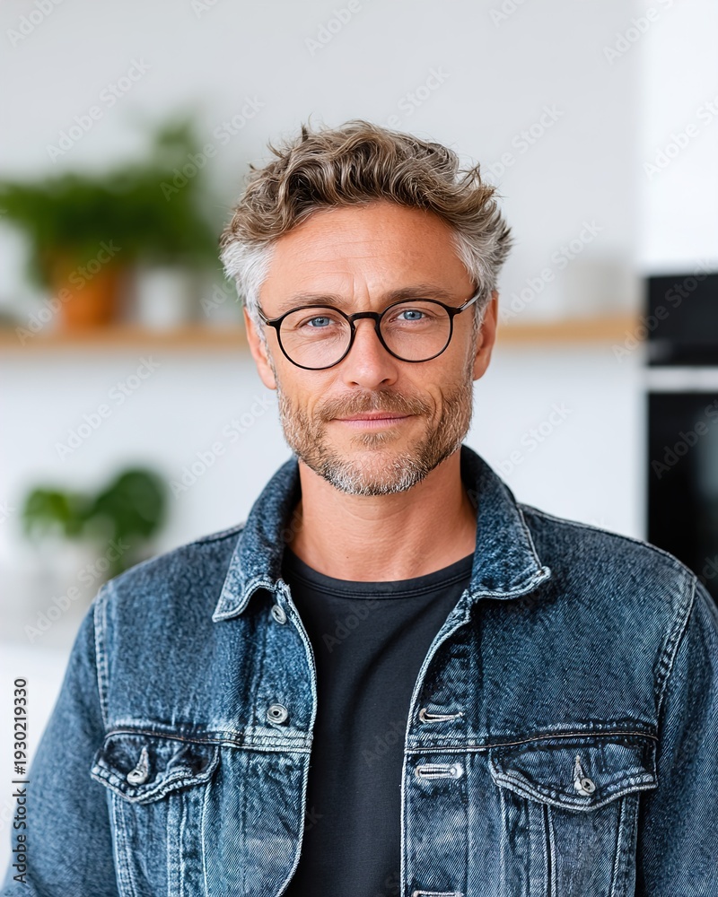 Obraz premium A middle-aged man with glasses and a denim jacket in a modern kitchen
