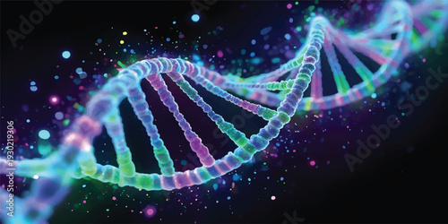 Glowing DNA helix strand on black background with colorful light effects