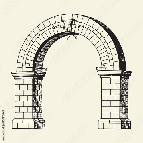 Classic architectural stone archway featuring detailed masonry blocks and keystone with engineering markings for historical building design