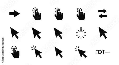 Collection of black cursor icons and hand gestures a simple silhouette