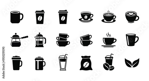 Collection of various coffee drinks and equipment in black silhouette
