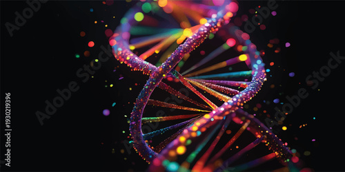 Glowing DNA helix on black background with bright lights and neon sparkle